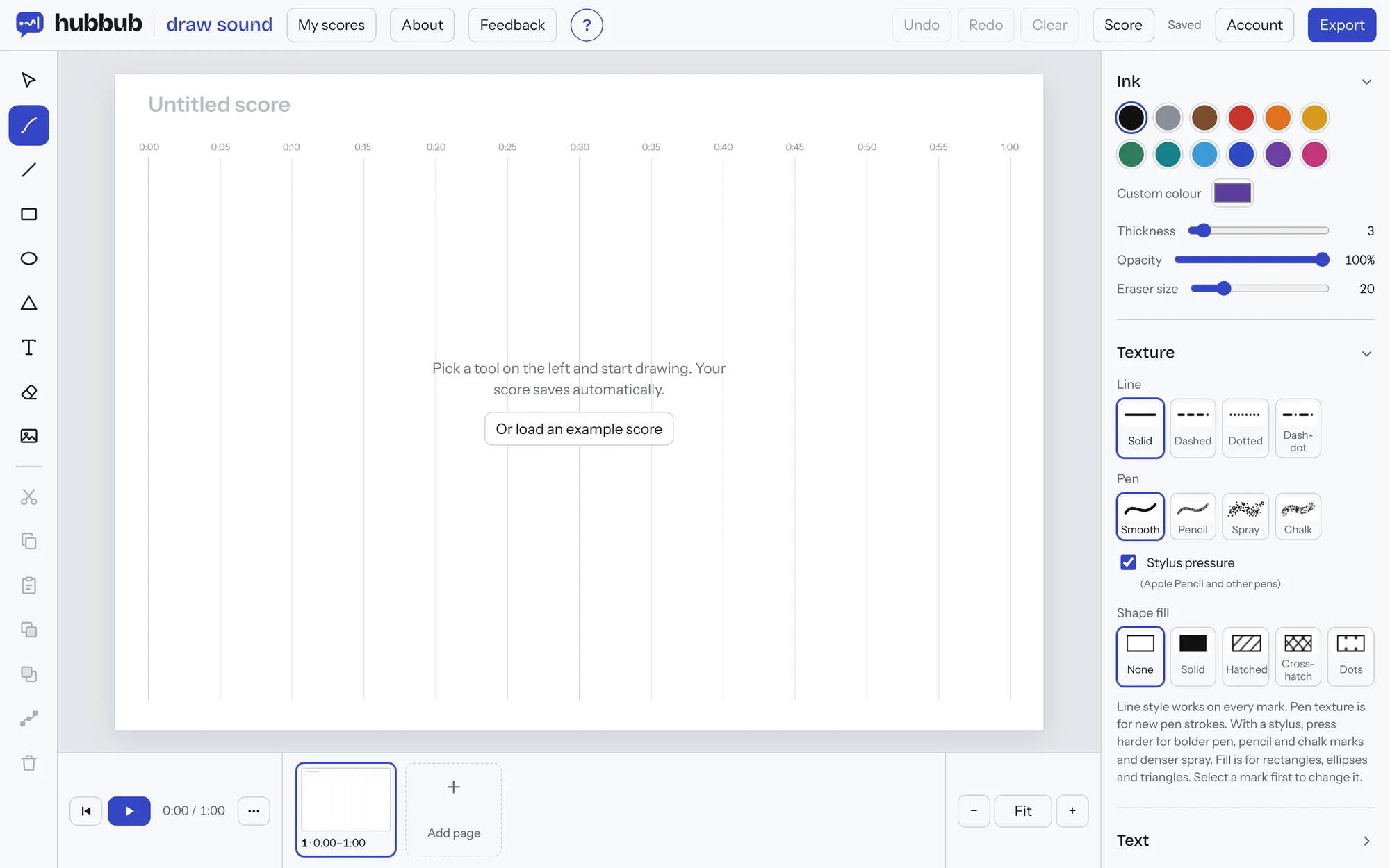 The HUBBUB editor as it looks when you first open it, with a blank page. The four areas are outlined: 1, the toolbar on the left; 2, the panel on the right; 3, the bar along the bottom; 4, the bar along the top.