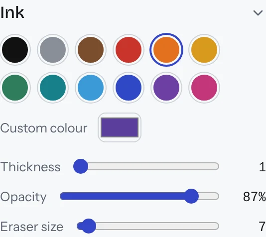 The Ink section: twelve colour swatches, a custom colour, and sliders for thickness, opacity and eraser size.