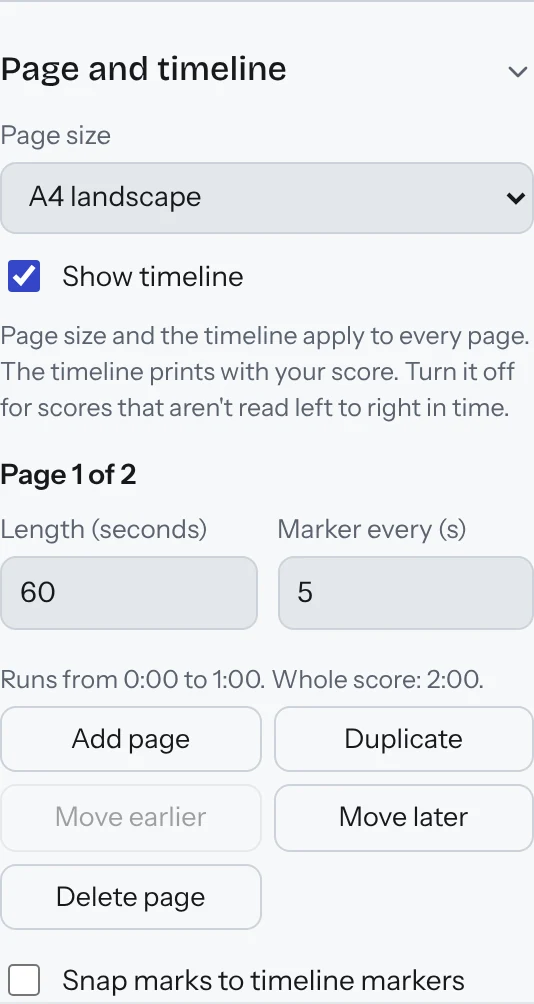 The Page and timeline section: page size, length, markers and page buttons.