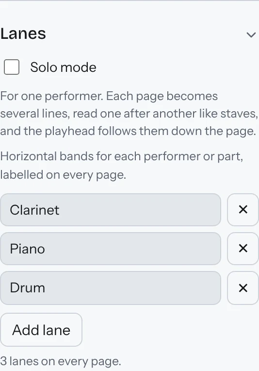 The Lanes section, with the Solo mode switch and Clarinet, Piano and Drum lanes.