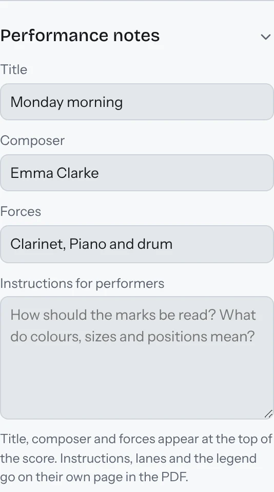 The Performance notes section: title, composer, forces and instructions.